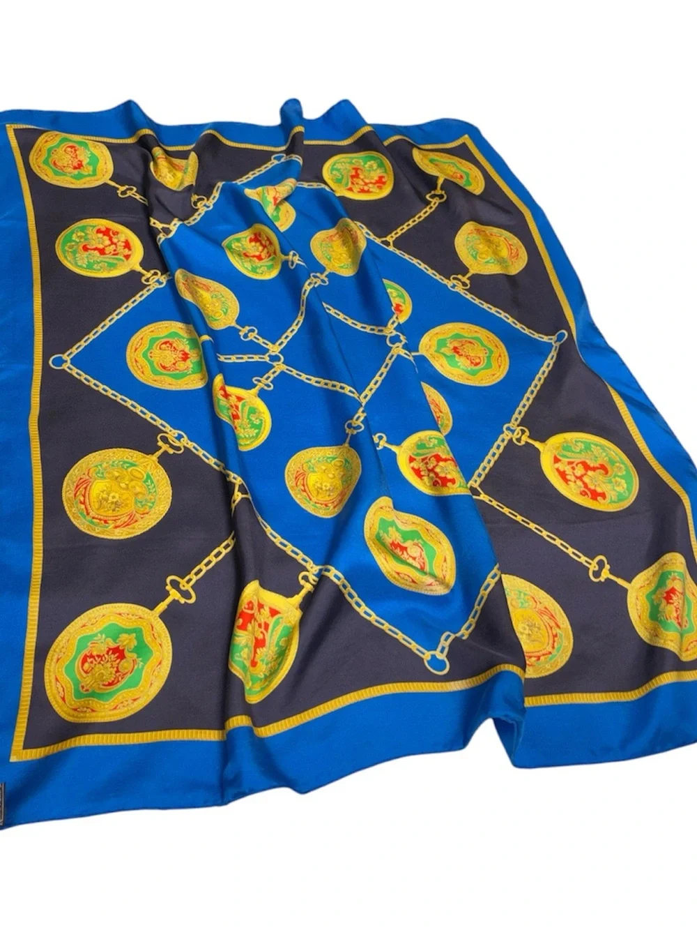 Celine Blue, Black & Gold Silk Scarf with Heraldic Print